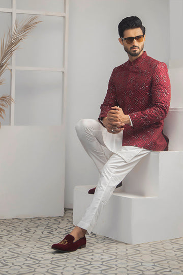 Maroon Color Thread Embroidered Prince Coat For Men